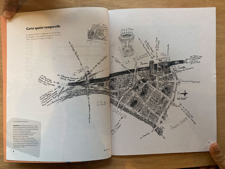 Double page de la Carte spatio-temporelle dressée et dessinée par Yacine Gouaref, dit Hyacinthus, pour le magazine No Go Zone.