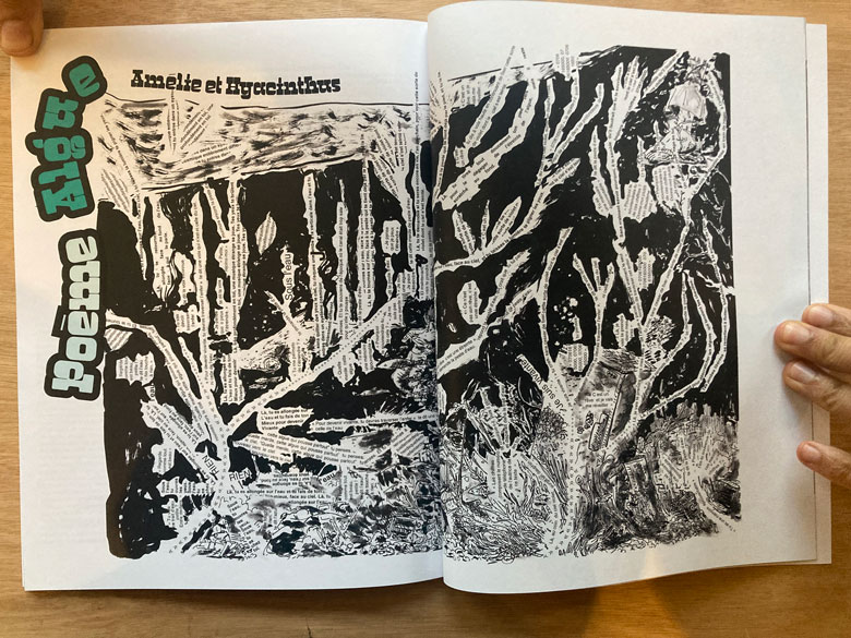 Double page du poème Algue illustré par Yacine Gouaref, dit Hyacinthus, pour le magazine No Go Zone.